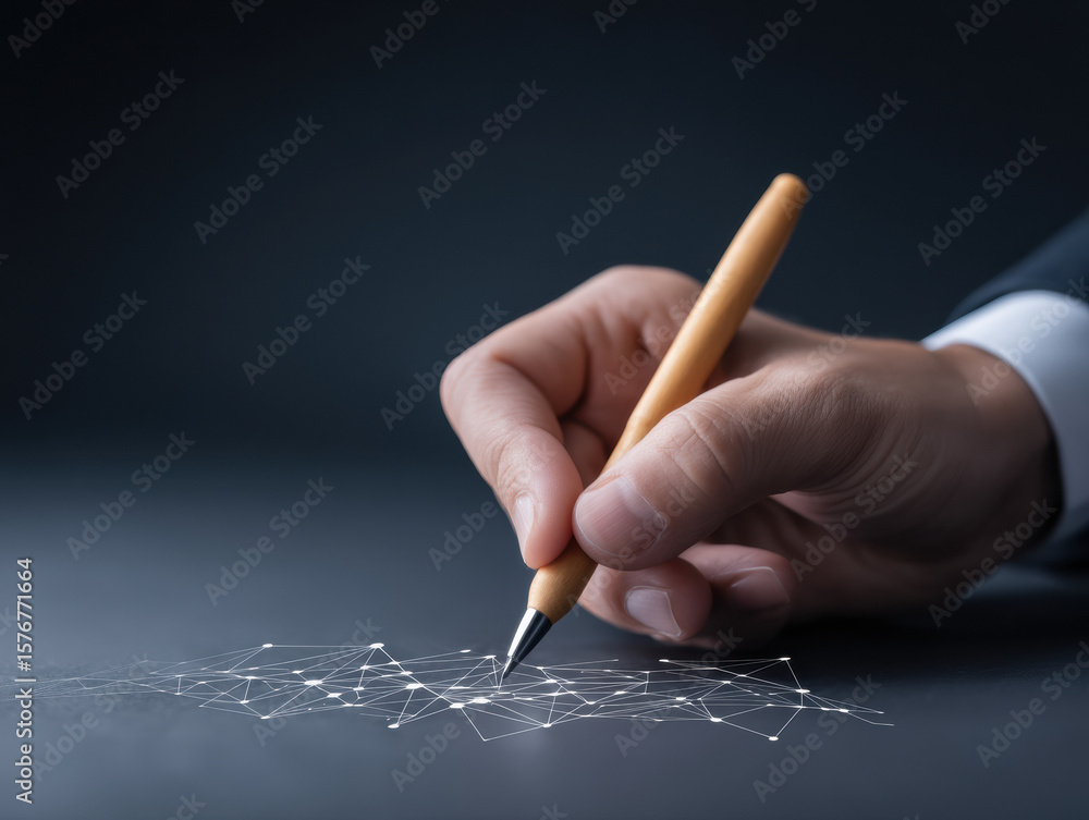 Poster hand holding a pen draws a network of interconnected lines and nodes on a dark surface, symbolizing 