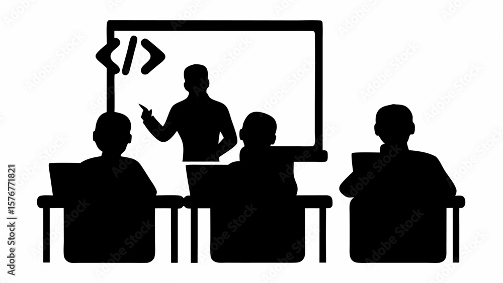 Poster silhouette illustration of a teacher giving a coding lesson to students in a classroom setting