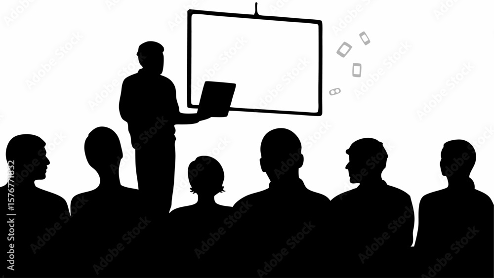 Poster silhouette of a presenter with a laptop standing before an audience and a blank presentation screen 