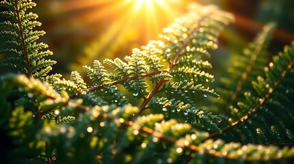 Sunkissed fern fronds glisten softly