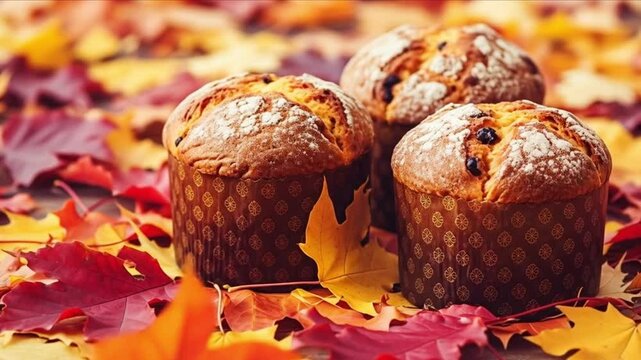 Delicious panettone cakes surrounded by vibrant autumn leaves.
