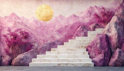 White marble staircase amidst pink mountains and trees under a golden sun. Ideal for promoting beauty products, serenity, or fantasy themes.