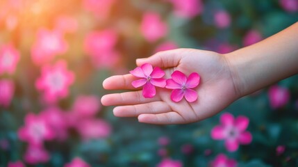 A child's hand holding two pink flowers against a blurred background of more flowers.
