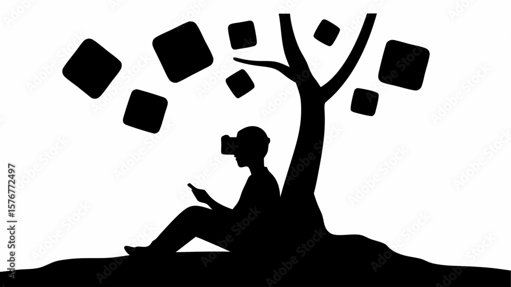 Poster silhouette of person wearing vr headset sitting under tree with floating cubes in monochrome style i