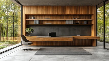 Modern home office interior with wood wall, desk, chair, and large window. Ideal for illustrating interior design, remote work, or luxury lifestyles.