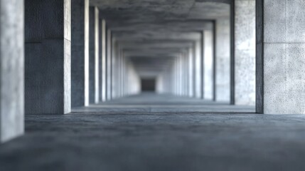 Fototapeta premium A long, empty concrete hallway with concrete pillars on both sides.