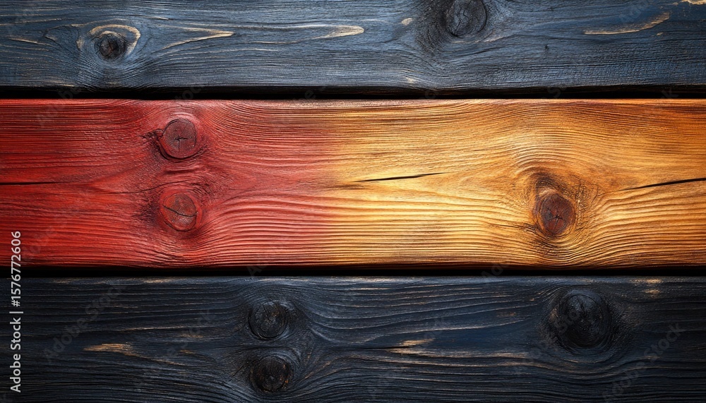 Poster three colorful, rustic wooden planks are stacked horizontally. use this to create designs for backgr