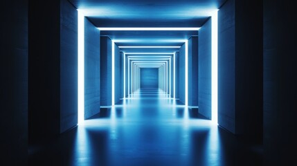 Fototapeta premium A dark, empty hallway with blue neon lights leading to a bright light at the end.