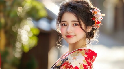 A young woman in a traditional Japanese kimono with a floral pattern, standing outdoors in a sunny day. The background features greenery and a wooden structure.