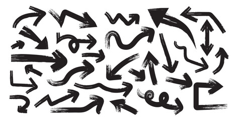 Brush stroke arrows. Vector hand-drawn arrow icon set. Creative hand drawn arrows in grunge style. Collection of different arrow signs. Vector isolated set of arrow brush grunge illustration.