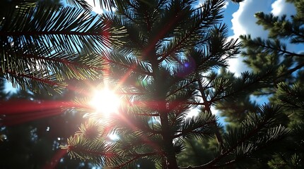 Sunlight streams through evergreen branches