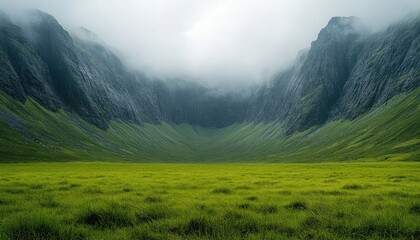 A green meadow lies between misty mountains in a vast and peaceful valley. Ideal for backgrounds or illustrations, conveying peace or a sense of adventure.