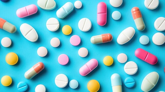 A colorful assortment of pills and capsules on a blue background.