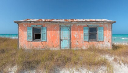 Dilapidated peach beach house with turquoise shutters and door on white sand. Use for travel blog, coastal living, or real estate concepts.