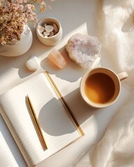 Mental health journal with stress relief items, arranged on a clean tabletop for a self-care theme.