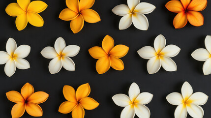 Fototapeta premium Set of artistic plumeria flowers arranged pattern with white, yellow, and orange petals black background creating vibrant