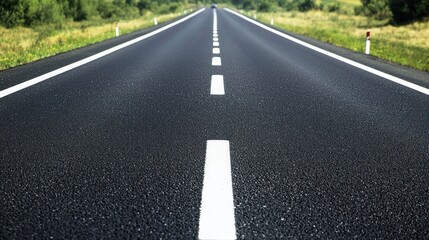 A straight, empty road with white stripes and a green grassy median