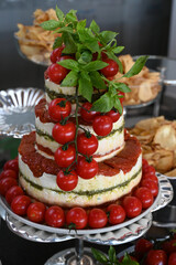 Caprese, Gourmet Cheese with Dried Tomatoes and Fresh Herbs, Elegant Appetizer on Silver Tray, Cheese Platter with Cherry Tomatoes and Basil, top view	