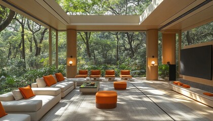 Luxurious modern living room with nature view and orange accent decorations. It can be used for design, architecture, or real estate marketing.