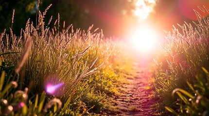 Sunlit path winding through tall grass