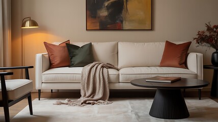 Cream sofa with terracotta and green pillows and throw image