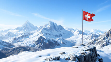 Realistic High-Resolution Landscape of Swiss Alps with Snowy Peaks and Swiss Flag under Clear Blue Sky