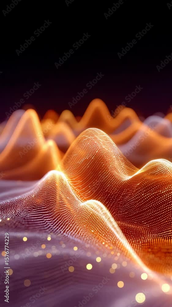 Poster abstract visualization of sound waves in vibrant orange and purple colors with dynamic peaks and val