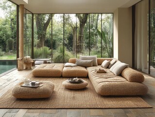 Living room with rattan sofa set, big windows, and green garden view. Perfect for advertising eco-friendly furniture and sustainable living concepts.