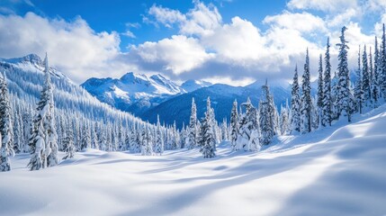 Snow-covered mountains with pine trees and a clear blue sky.