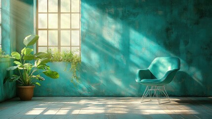 Stylish room with turquoise wall, a modern chair and sunlight through windows. Use this for designs about peaceful home, stylish interior, or creative relaxation.