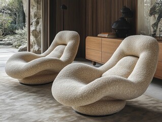 Two cream boucle chairs in an interior with modern design elements. Showcases luxury furniture for interior design and home decor projects.