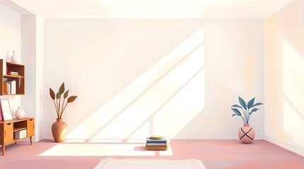 Sunny minimalist room with books and houseplants