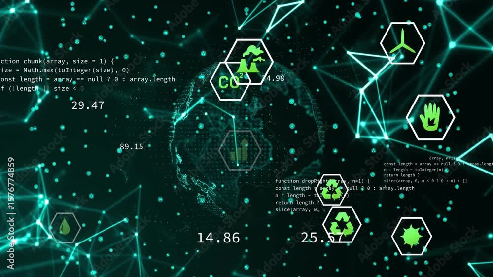 Poster code scrolling causing globe rotating as sustainability icons animating values for visualization
