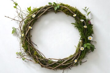 Fototapeta premium Circular tree branch wreath with moss and wildflowers on white background