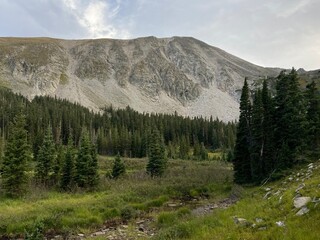 Panoramic view of snowy mountains of hike  in Colorado with storm clouds