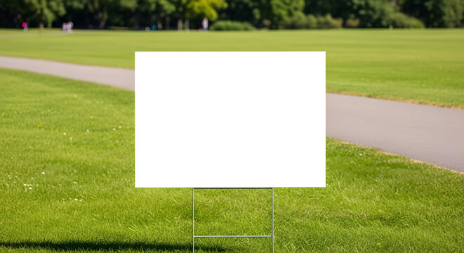 Blank Yard Sign on Green Lawn Background. Copy Space.