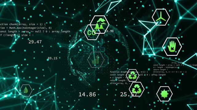 Code scrolling causing globe rotating as sustainability icons animating values for visualization - Powered by Adobe