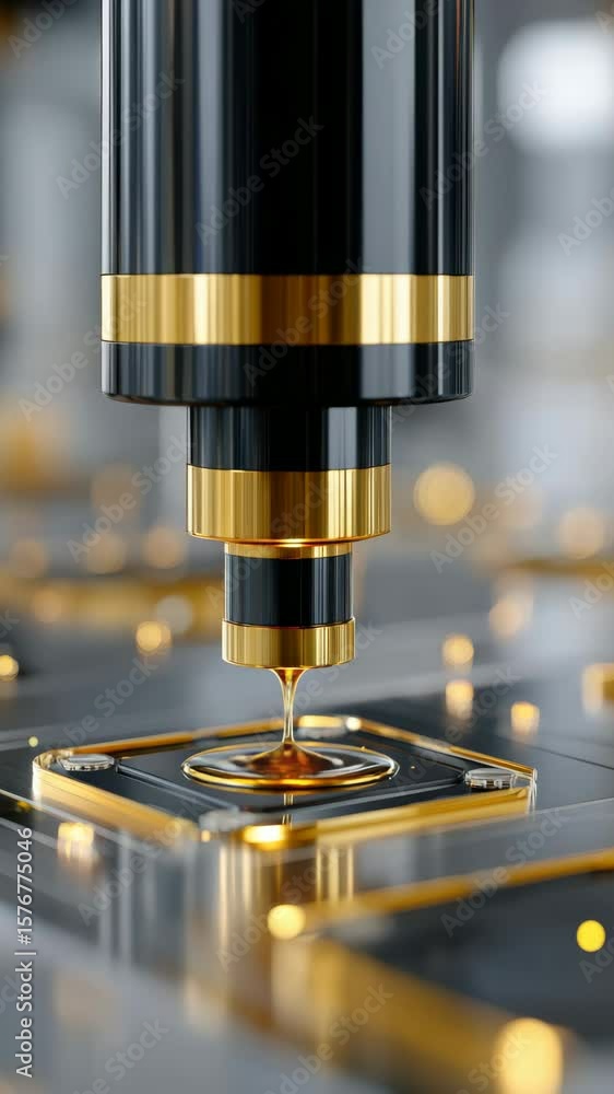 Poster close-up view of precision tool dispensing liquid on a microchip surface