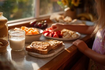 Fototapeta premium Kitchen counter with peanut butter toast, sliced fruit, glass of milk, child's hand reaching for a snack, cozy afternoon light