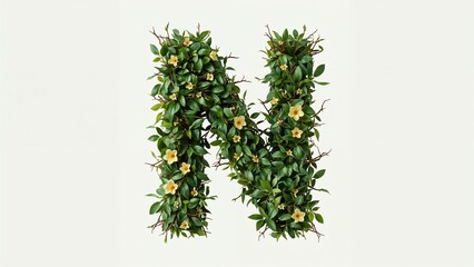 An elegant botanical letter N blossoms with fresh green foliage and charming yellow flowers isolated on a bright white studio background