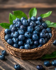 Fresh Blueberries in Brown Basket Surrounded by Green Leaves on Wooden Surface