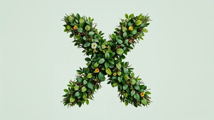 Obraz premium An organic capital letter X is beautifully composed from vibrant green leaves branches and delicate flowers