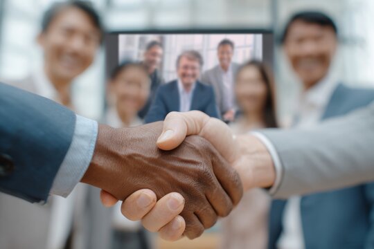 Hybrid video call with a multicultural business team, combining remote and in-office collaboration on screen.