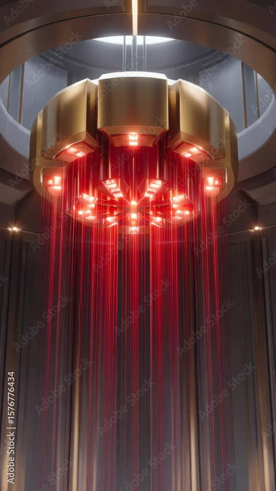 Poster futuristic scene of cascading red liquid from metallic device in high-tech environment