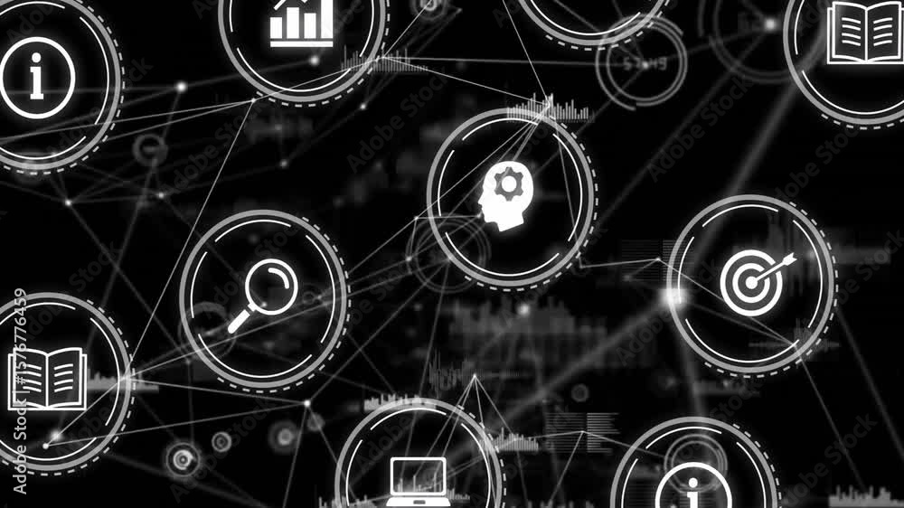 Poster glowing white nodes materializing and linking icons, forming data network visualizing data flow