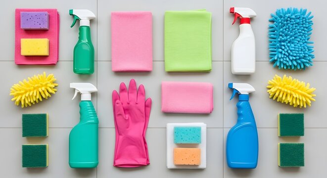 Flat Lay of Commercial Cleaning Supplies on Light Tile Background &ndash; Organized Hygiene Tools