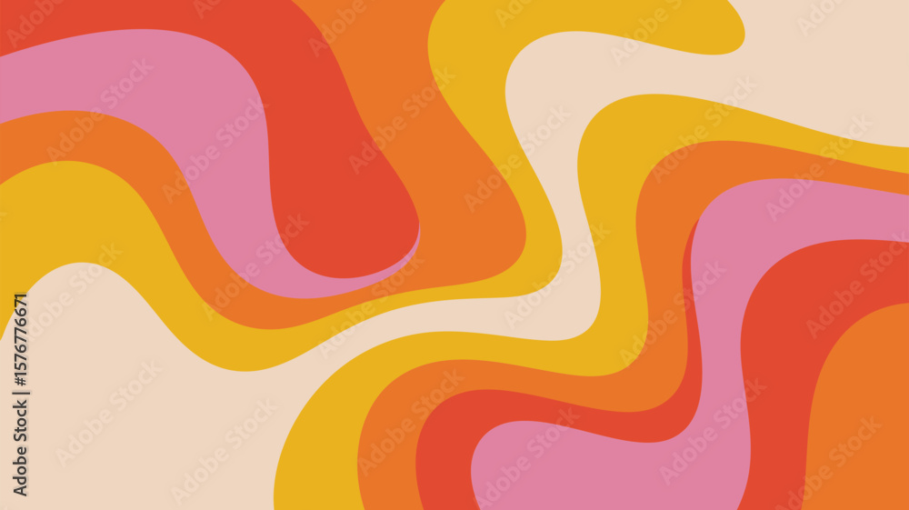 Poster groovy retro wavy background design with vibrant warm colors and abstract shapes