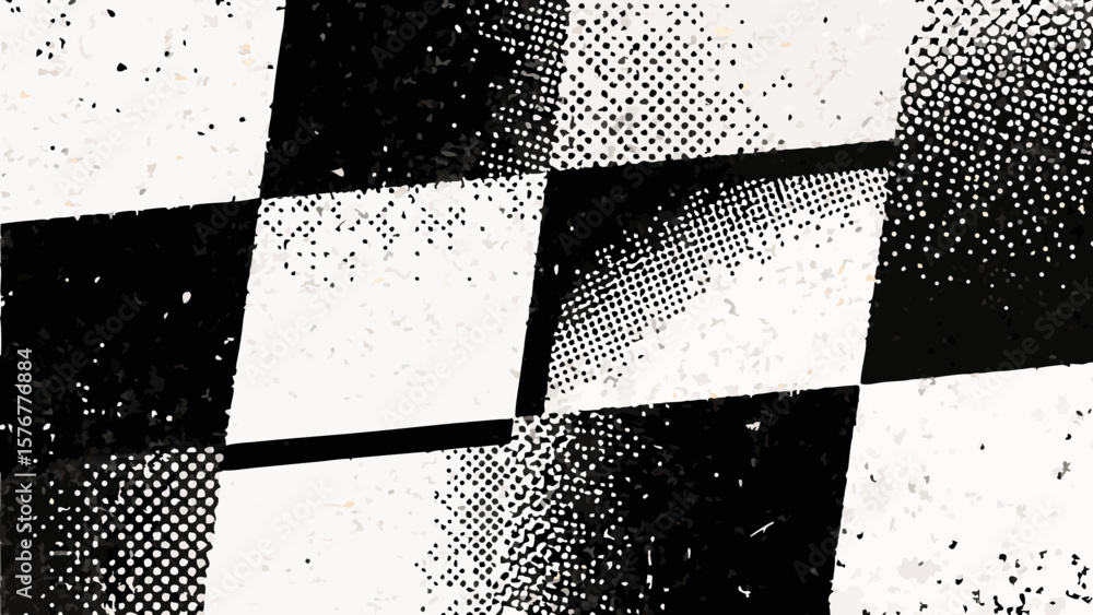 Poster abstract black and white checkered pattern with a distressed and textured effect