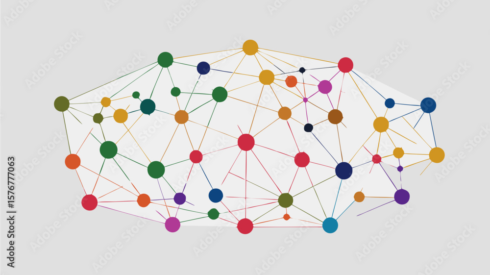 Aufkleber colorful network of interconnected circles with lines on a light gray background