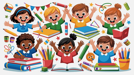 Cheerful children with books and school supplies celebrate education and learning together